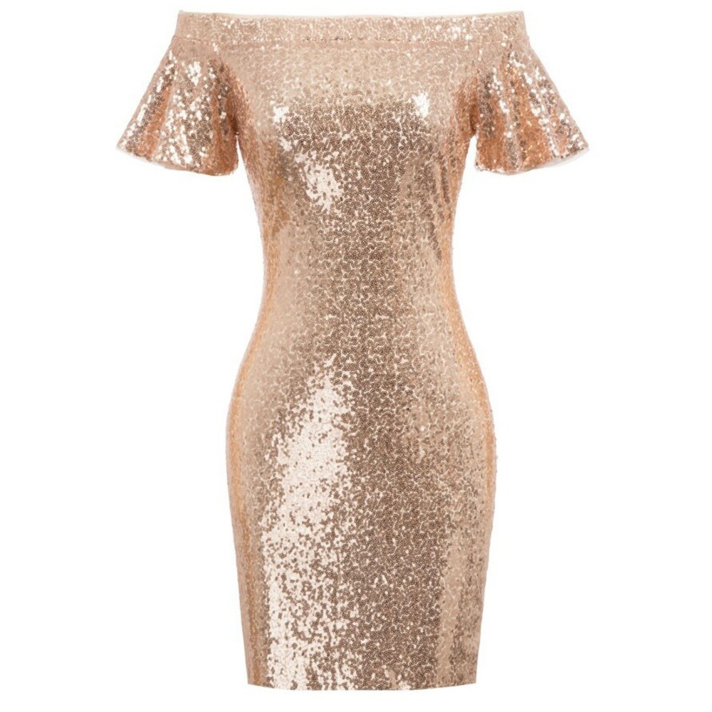 Grace Karin Rose Gold Sequin Off Shoulder Mini Dress